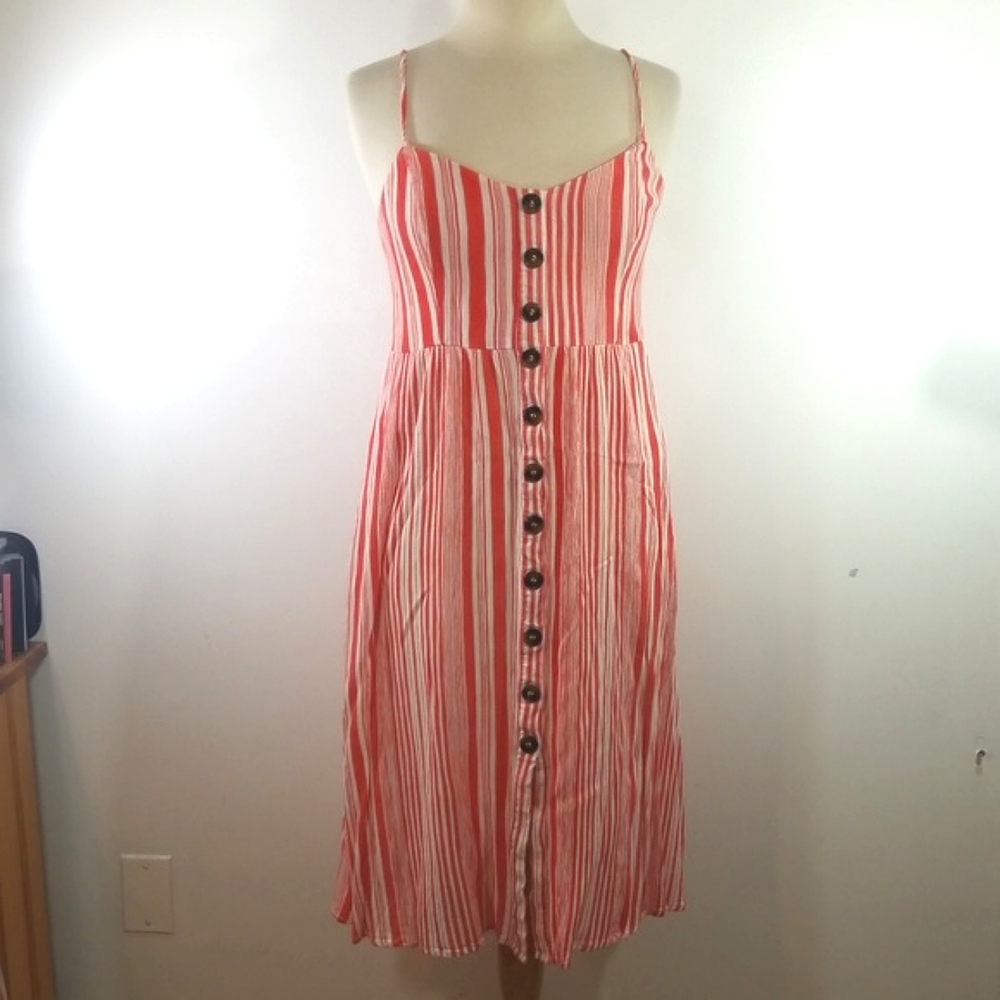Hyped Unicorn Stripe White & Coral Button Front Dress size Large